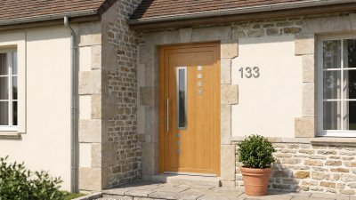 Porte d'Entrée Bois Sur Mesure – Semi-Vitrée Design, Vitrage Décalé et Petits Carrés