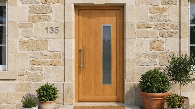Porte d'entrée bois modèle 135 sur mesure — photo d'ambiance, chêne verni