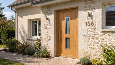 Porte d'entrée bois modèle 136 sur mesure — photo d'ambiance, chêne verni
