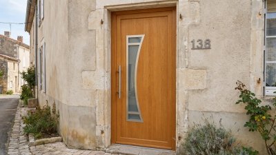 Porte d'entrée bois modèle 138 sur mesure — photo d'ambiance, chêne verni