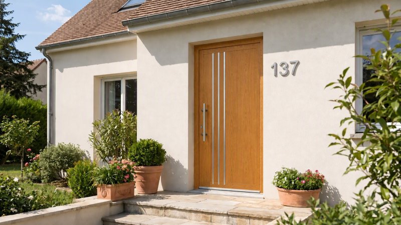 Porte d'entrée bois modèle 137 sur mesure — photo d'ambiance, chêne verni