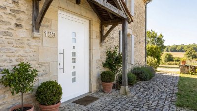 Porte d'entrée PVC modèle 123 sur mesure — photo d'ambiance, PVC blanc