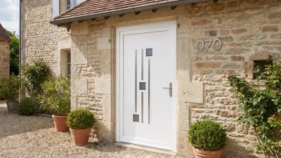 Porte d'entrée bois modèle 070 sur mesure — photo d'ambiance, pin peint blanc (RAL 9016)