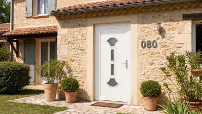 Porte d'entrée bois modèle 080 sur mesure — photo d'ambiance, pin peint blanc (RAL 9016)