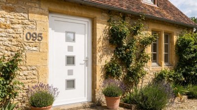 Porte d'entrée bois modèle 095 sur mesure — photo d'ambiance, pin peint blanc (RAL 9016)