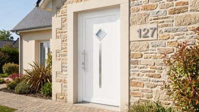 Porte d'entrée bois modèle 127 sur mesure — photo d'ambiance, pin peint blanc (RAL 9016)