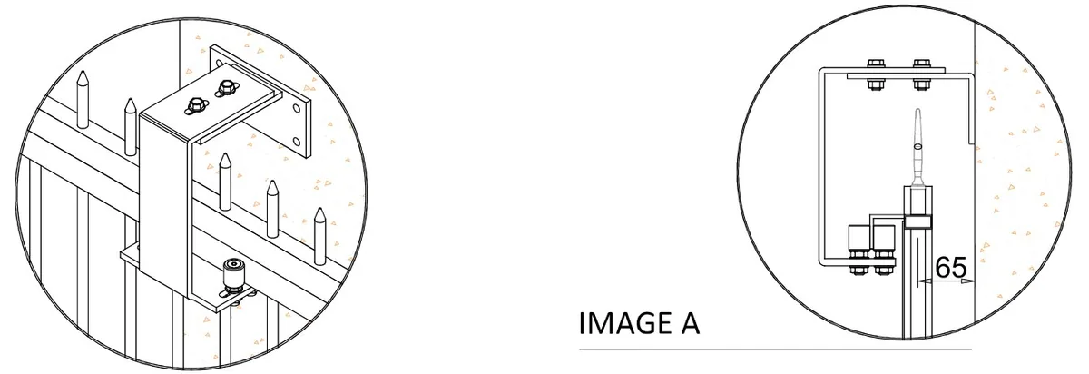 Image A — la platine de guidage sur le pilier, axe du portail à 65 mm