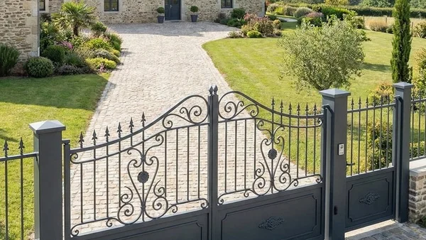 Portail aluminium battant gris anthracite à volutes
