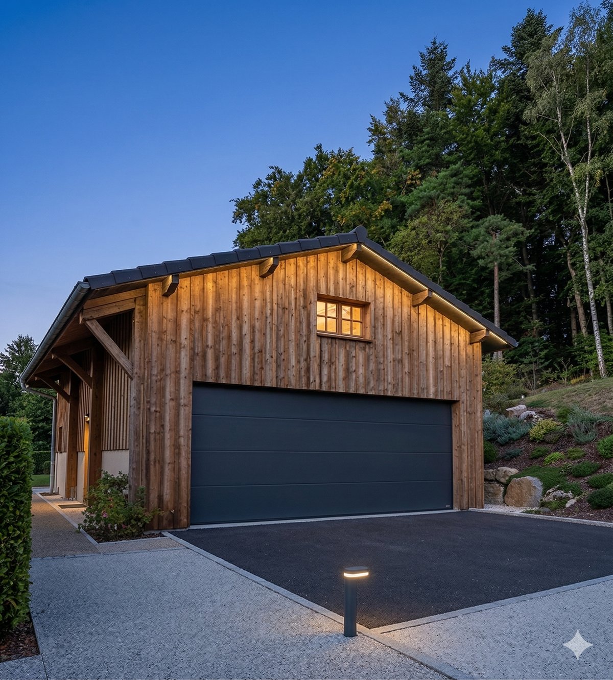 Porte de garage sectionnelle anthracite integree dans un chalet en bois avec eclairage exterieur