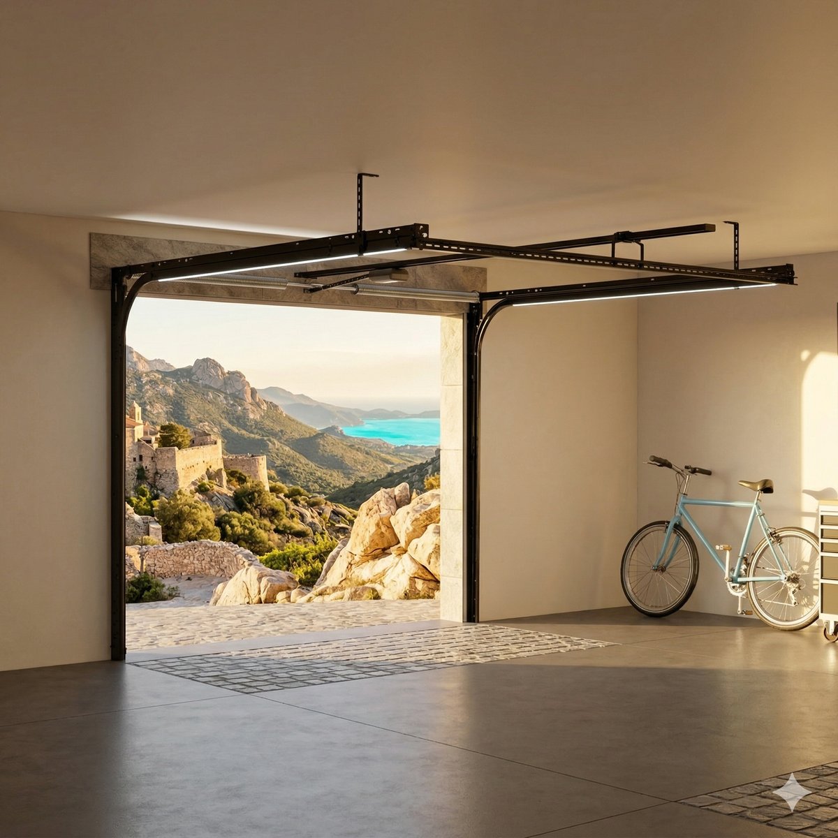 Vue interieure d'un garage avec porte sectionnelle ouverte montrant les rails de guidage au plafond