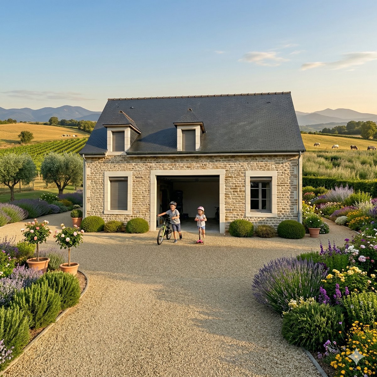 Maison en pierre provencale avec porte de garage sectionnelle parfaitement integree en renovation