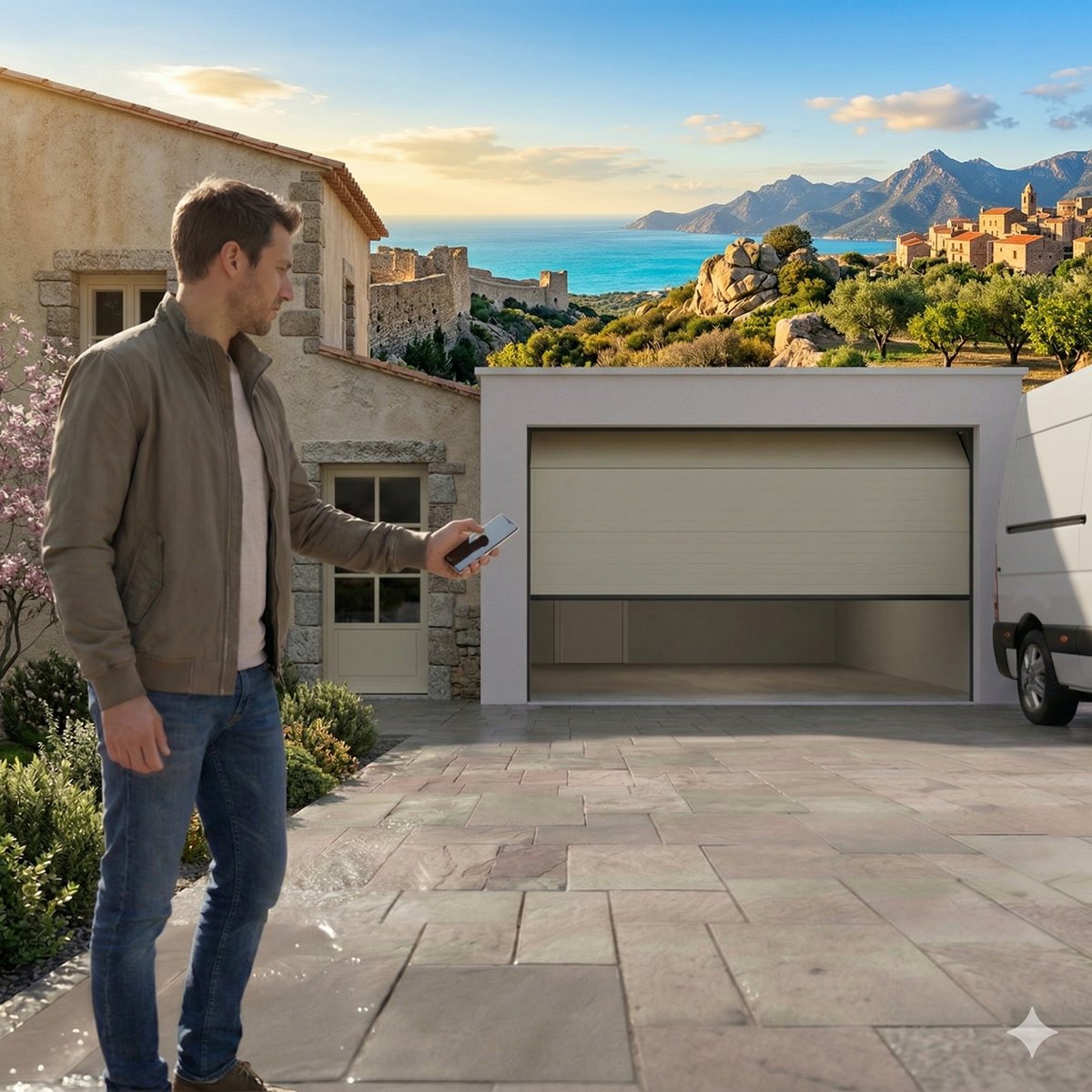 Homme pilotant l'ouverture de sa porte de garage sectionnelle avec un smartphone dans un cadre mediterraneen
