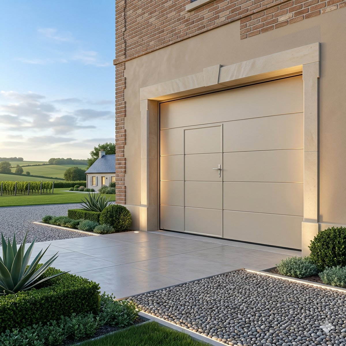 Porte de garage sectionnelle beige avec portillon integre dans un cadre champetre