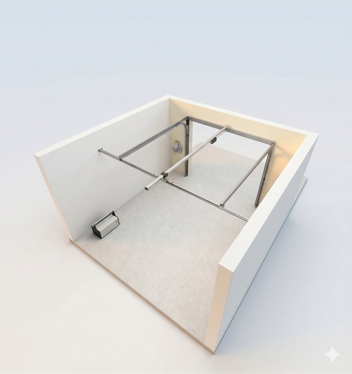 Vue 3D du systeme de rails et ressorts d'une porte de garage sectionnelle plafond